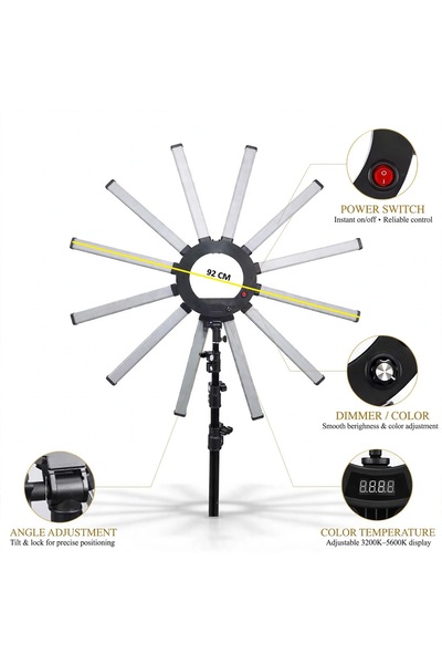 IM FineLife Professional LED Star Light 12 Tubes Arm 36 INCH with 180W for Photo Video 3200K-5600K Dimmable with adjustable Tripod stand, phone holder Kit for Content Creator, YouTube, Makeup and Photo Shoot