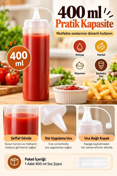 FLY LIFE Şeffaf Sos Şişesi Kapaklı Dar Uçlu Ketçap Mayonez Hardal Sosluk 400 ml