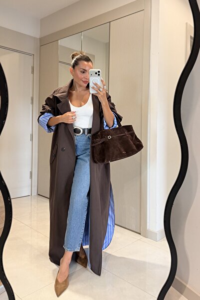 Gizem Ecemiş Hanger Kahve Çizgili Astarlı Oversize Uzun Trençkot