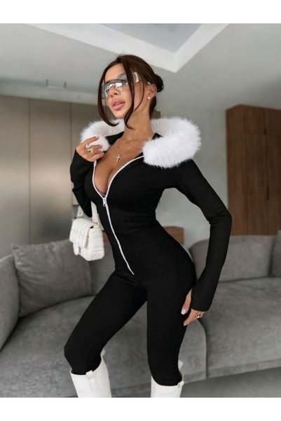 Fashiontayt بدلة من قماش السكوبا مزودة بسحّاب وفرو