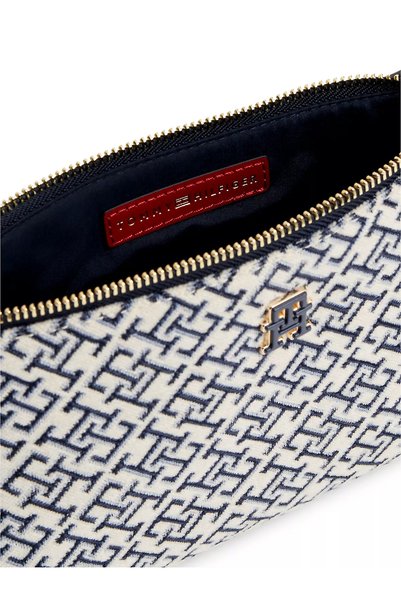 Tommy Hilfiger Kadın TH Monogram Jakarlı Fermuarlı Çıkarılabilir Omuz Askılı Logo Plakalı Lacivert Omuz Çantası