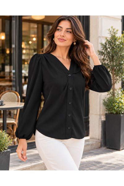 Kokosh moda بلوزة نسائية أنيقة ذات طابع خالد بياقة على شكل V وأزرار أمامية وأ...