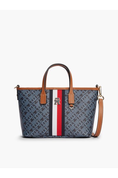 Tommy Hilfiger Kadın Dokulu Yüzey Çift Saplı Çıkarılabilir Çapraz Askılı Şerit Detaylı Lacivert Omuz Çantası