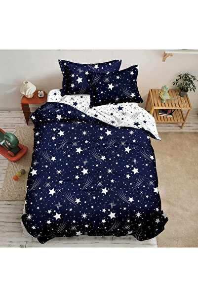 decorami Bed linen 1 PERSON, FINE, 4 pieces, White, Blue, stars