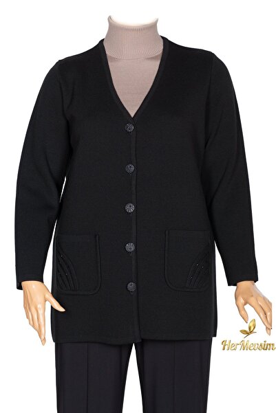 Hermevsim Hesna Women's Steel Knitted Plus Size Pocketed Buttoned Black Aylin...