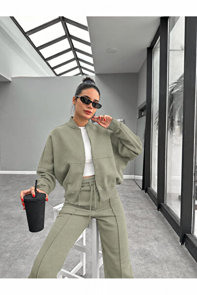 BARLİZ Kadın 3 İplik Fermuarlı Trend Model Bomber Hırka Takım
