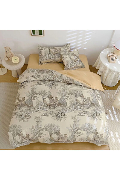 decorami Bed linen 140x200cm, FINET, 4 pieces, with Stretchy, Beige, trees