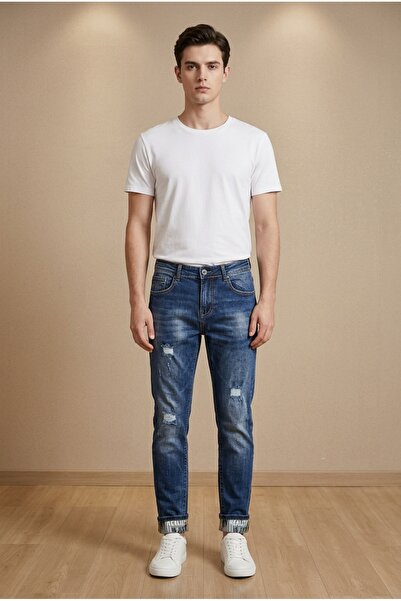 OEM Blugi barbati casual slim fit cu talie medie detalii distresate discrete ...