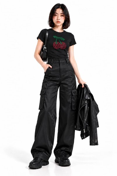 coho moda Kiraz desenli bisiklet yaka crop t-shirt