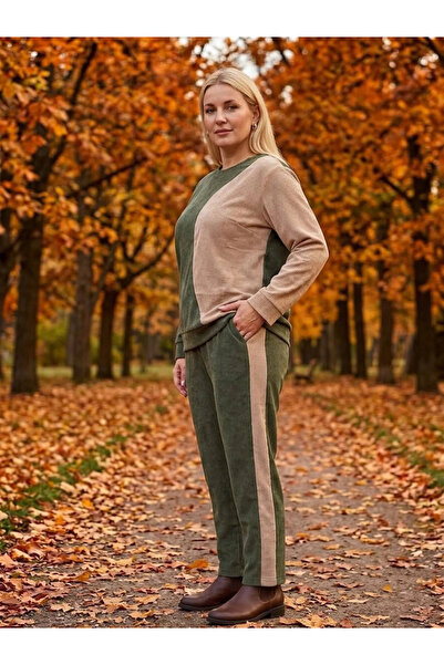 ModaSehle Plus Size Corduroy Fabric Pocket Crew Neck High Waist Long Sleeve Set
