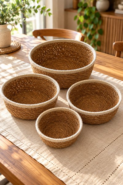 HOMENIVA 4-Piece White Detailed Wicker Basket Set – Decorative Organizer