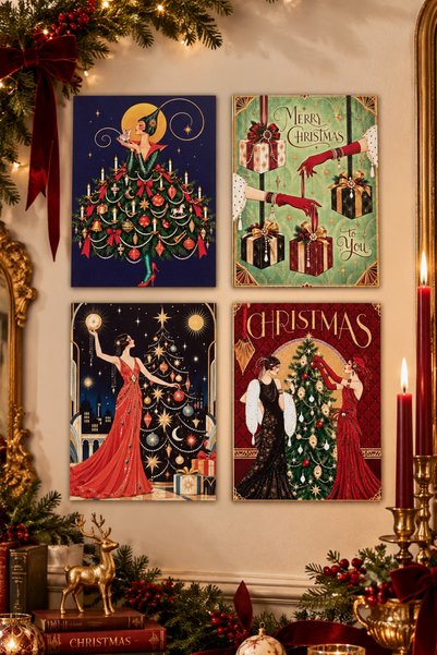 mugbuddy Vintage Christmas, Yılbaşı Tasarımlı Duvar Dekoru 4’lü Tablo Seti, 1...