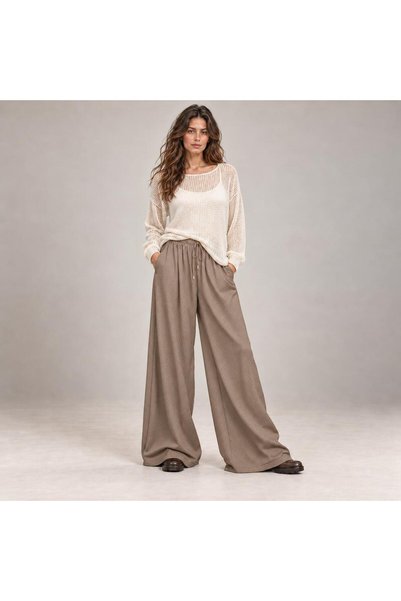 Mİ TİA ATELİER Women's Elastic Waist Wide Leg Draped Trousers Mta024