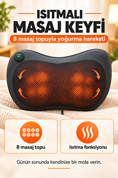 ALFAGİFT 8 Toplu Isıtmalı Boyun Sırt Bel Masaj Yastığı Ev ve Araç Adaptörlü Masaj Aleti Siyah Masaj Cihazı
