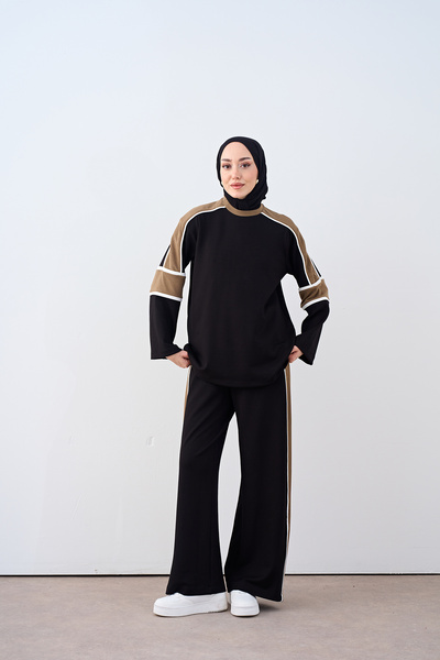 LOCCO Women's Camisole Stripe Detail Crew Neck Pantsuit Black