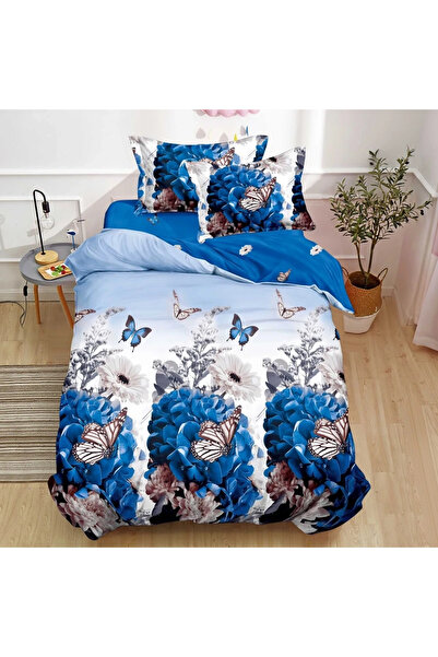 decorami Bed linen 1 PERSON, FINE, 4 pieces, White, Blue, butterflies, flowers