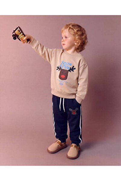 Mişsa Bebe Erkek Çocuk Geyik Baskılı 2 İplik Eşofman Takımı Alt Üst Sweatshirt Pantolon