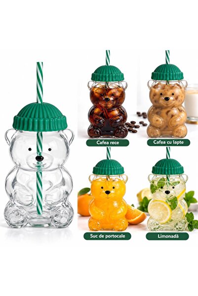 IRO Pahar Premium Bear cu pai, 600 ml, pentru cafea, ceai, băuturi calde și r...