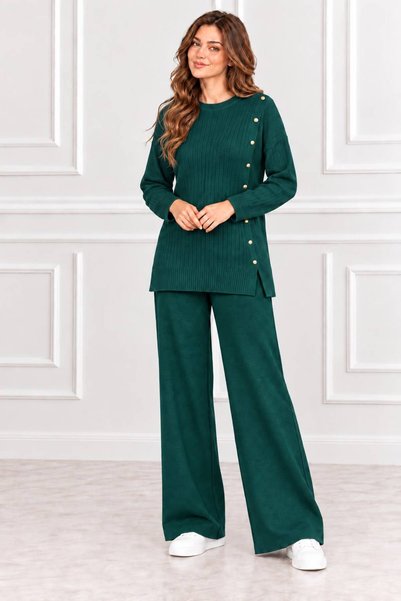 Sfg Life Moda Women's Crew Neck and Side Gold Button Detailed Ribbed Knitwear Tunic Trousers Double Slit Set