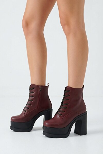 Preshley Kadın Simya Bordo Bağcıklı Detaylı 12 cm Platform Topuklu Fermuarlı Bot