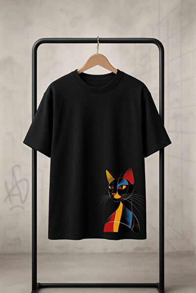 'Geometric Cat' Siyah Oversize Tişört