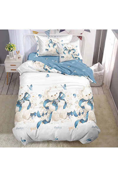 decorami Lenjerie pat 140x200cm, FINET, 4 piese, cu ELASTIC, Bleu, ursuleti