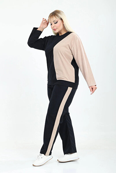 ModaSehle Plus Size Corduroy Fabric Pocket Crew Neck High Waist Long Sleeve Set