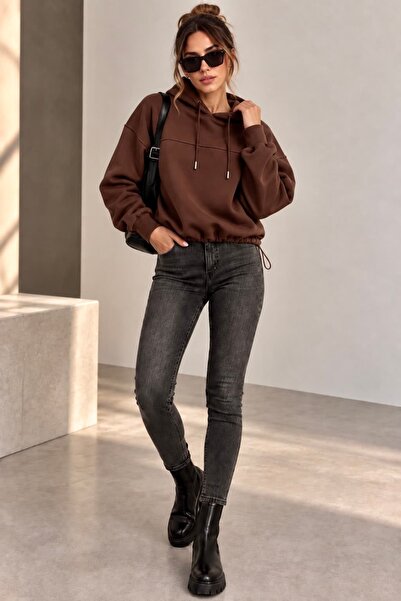 bb butik basic 3 İplik Şardonlu Kapüşonlu Stoperli Kadın Sweatshirt MY3535