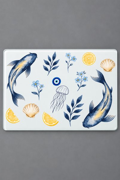 GÖKÇEOĞLU Glass Cutting Board Marine Fish Themed - Glass Cutting Board |   20cm X 30cm