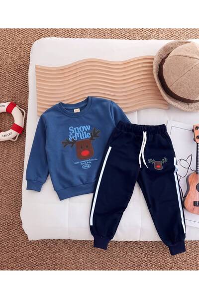 Mişsa Bebe Erkek Çocuk Geyik Baskılı 2 İplik Eşofman Takımı Alt Üst Sweatshirt Pantolon