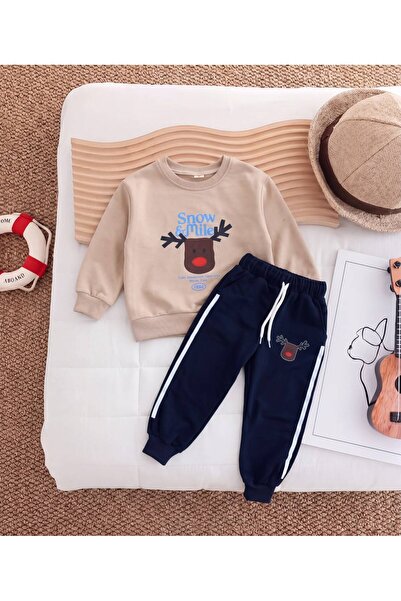 Mişsa Bebe Erkek Çocuk Geyik Baskılı 2 İplik Eşofman Takımı Alt Üst Sweatshirt Pantolon