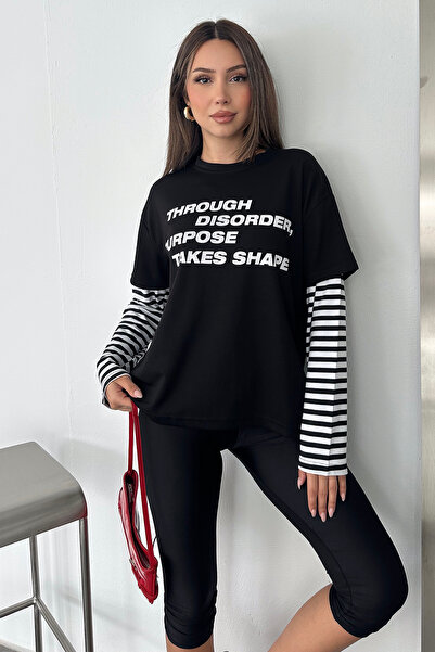 Noa&Noa Women's Text Printed Striped Sleeves Layered Sweatshirt
