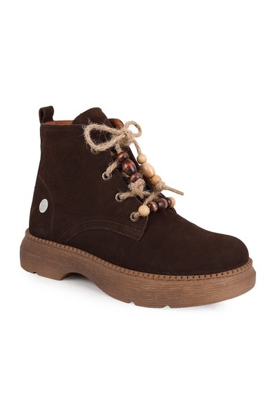 Mammamia Women's Boots 26K-1585 Brown Suede Wooden Beaded Rope Lace-Up Thick ...