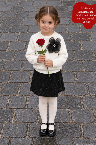 Eray Kids Set 3 piese pentru fetițe: Pulover tricotat, broșă cu flori ecru și...