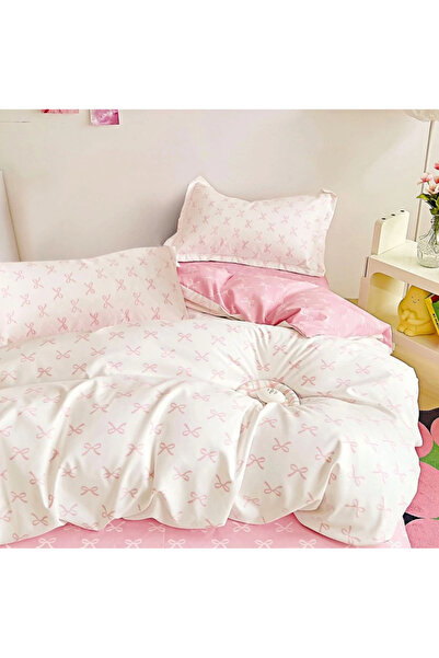 decorami Lenjerie pat 1 PERSOANA, FINET, 4 piese, Alb-Roz, fundite