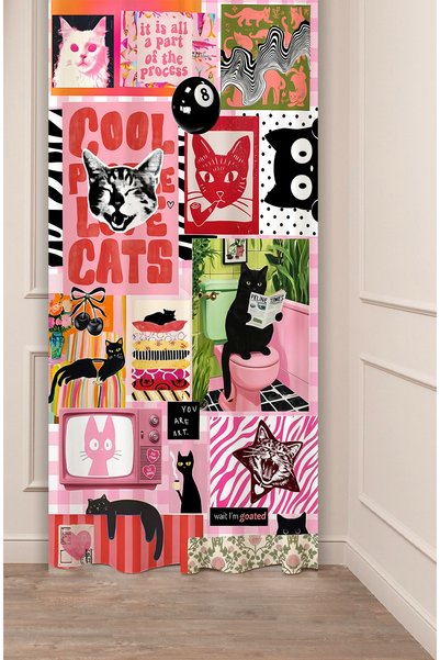GREENDECOR PEMBE KIRMIZI RETRO KEDİLİ VE ÇİÇEK MOTİFLİ POP ART DESIGN DEKORAT...