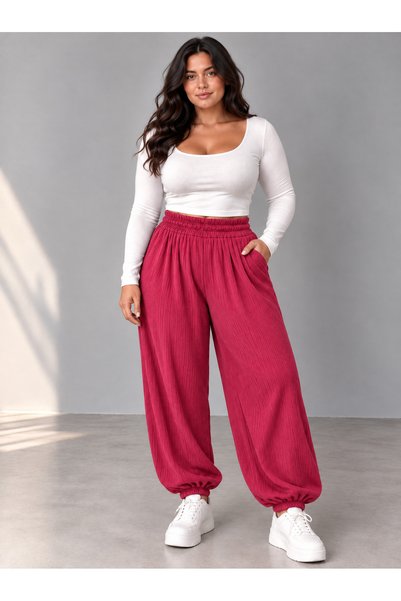 tuzu moda Büyük Beden Kadın Beli Lastikli Kuşaklı Şalvar Pantolon