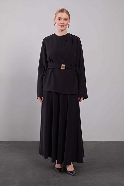 Levidor Gold Buckle Belted Skirt Set Black