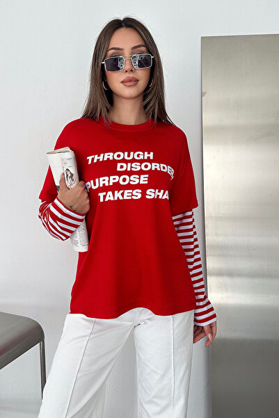 Noa&Noa Women's Text Printed Striped Sleeves Layered Sweatshirt