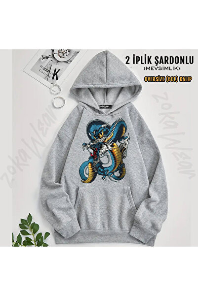 ZOKAWEAR Dragon Printed Oversize Printed Hooded Sweatshirt