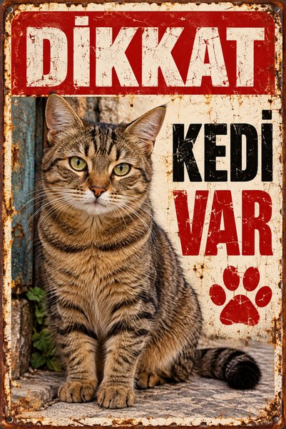Lucena Caution There Is a Cat Brown Tabby Cat Retro Metal Wall Sign 15X20 cm