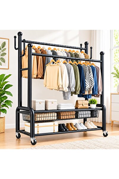 Generic Heavy-Duty 2-Tier Clothes Rack with Wheels & Storage Shelf
