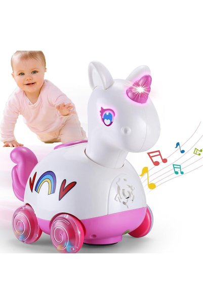 GOG Baby Crawling Chase Toy with Musical Bump & Go Unicorn Toy with Lights & ...