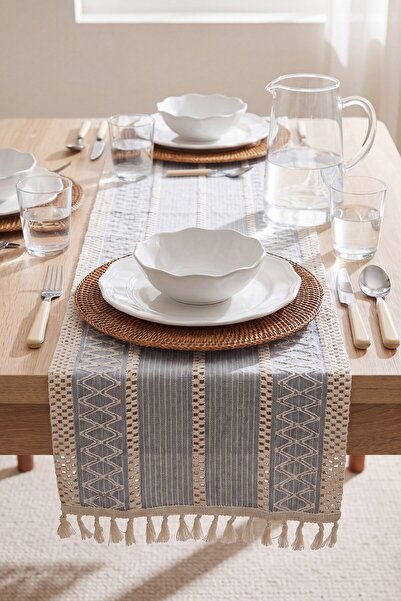 Rivaİstanbul Gray Regina Cotton Tasseled Runner 35X145 cm