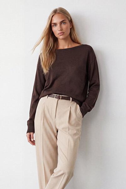 Trend Alaçatı Stili Women's Coffee Boat Neck Long Sleeve Knitwear Sweater Alc...