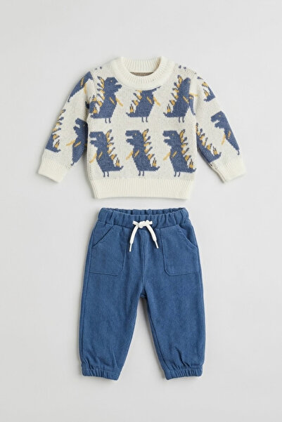 zumino Dinosaur Patterned Knitwear Sweater Jogger Pants Baby Boy Set