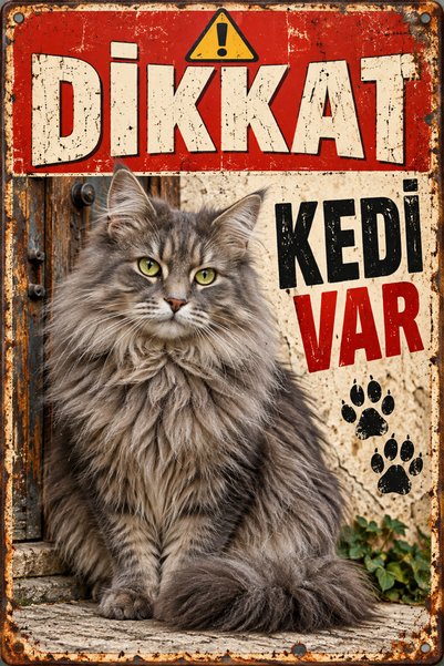 Lucena Caution There Is a Cat Long-Haired Gray Cat Retro Metal Wall Sign 15X2...