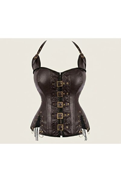 emosavm Kadın Kahverengi Steampunk Korse Büstiyer – Askılı, Metal Tokalı, Bağ...