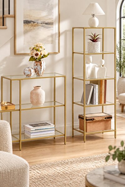 Teknor Gold Çerçeveli Şeffaf Cam Modern Salon Kitaplığı 40 cm