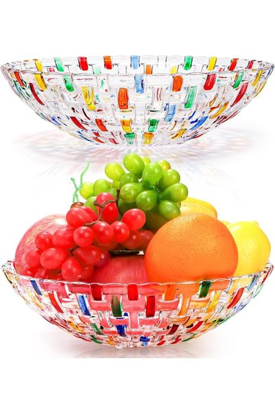 KASTWAVE Colorful Crystal Glass Fruit Bowl, Hand Painted Woven Art Glass, 10"...